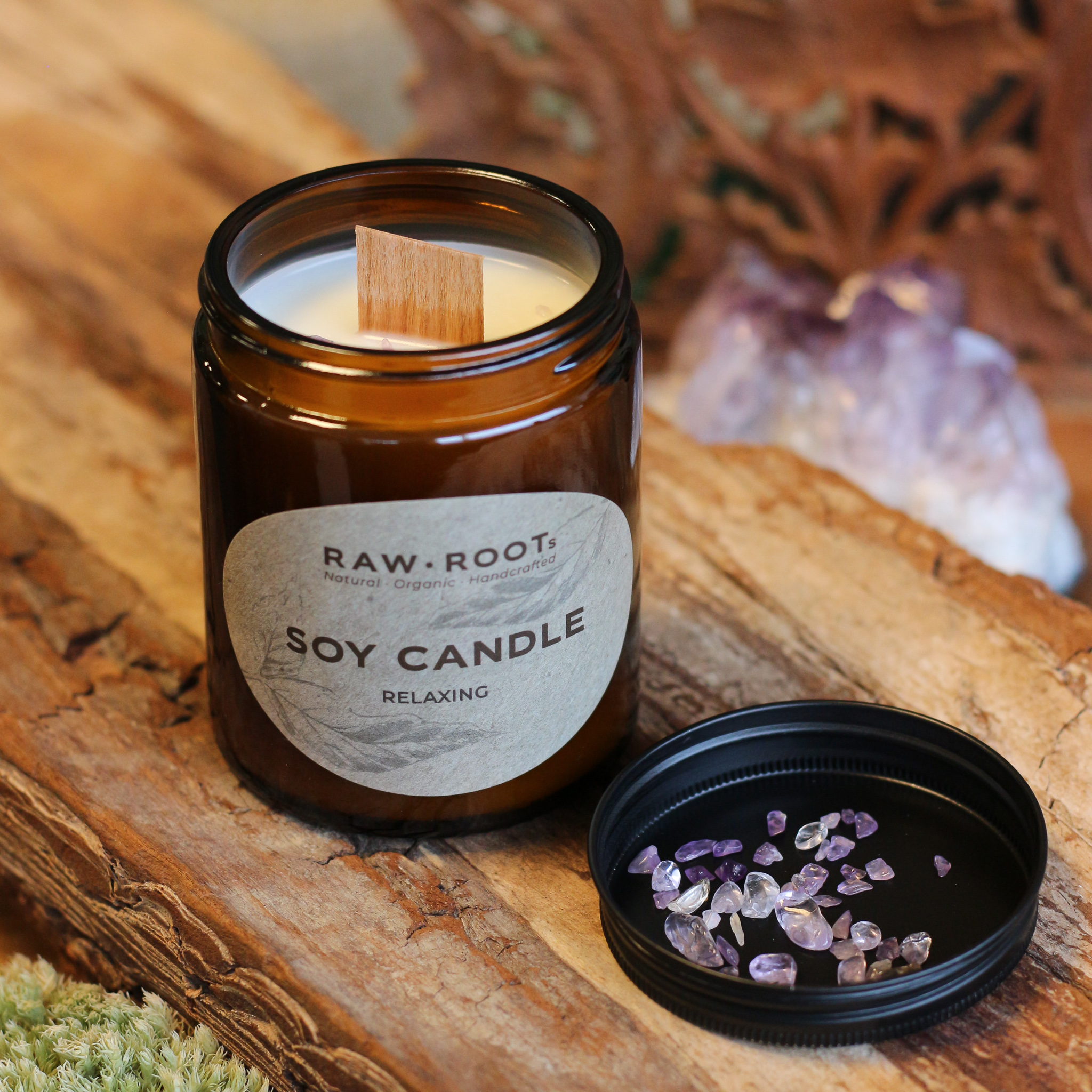 Buy Large Soy Candle with Crystals - Relaxing for 19,- at RAW ROOTs
